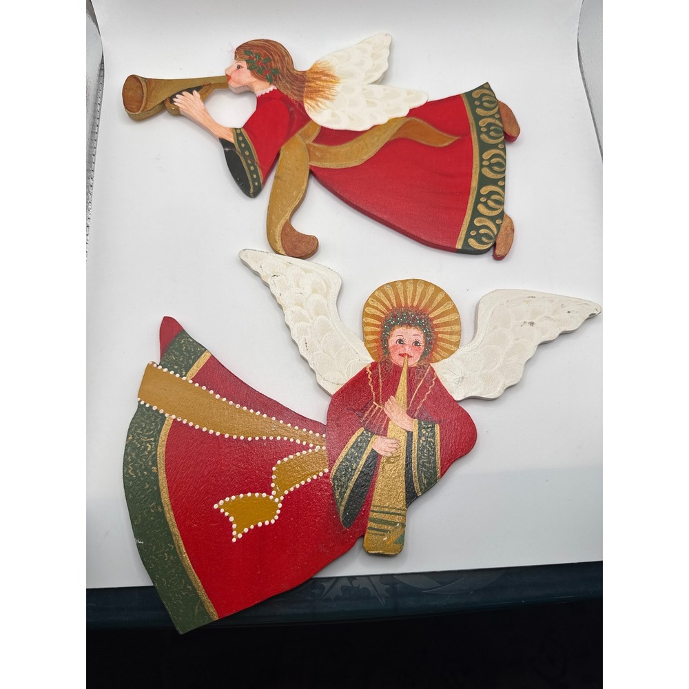 Vintage Style Hand Painted Wooden Christmas Angel Wall Decor Set of 2 Red Gold